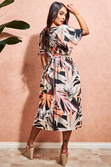 Leaf Print Midi with Flutter Sleeves Goddiva